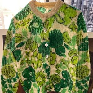 Vintage Handknit Green floral wool cardigan